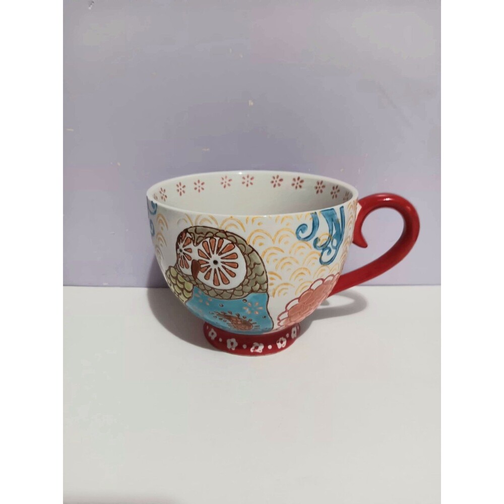 Dutch Wax Hand Painted Owl Mug Cup Blue Orange White 3.75"
